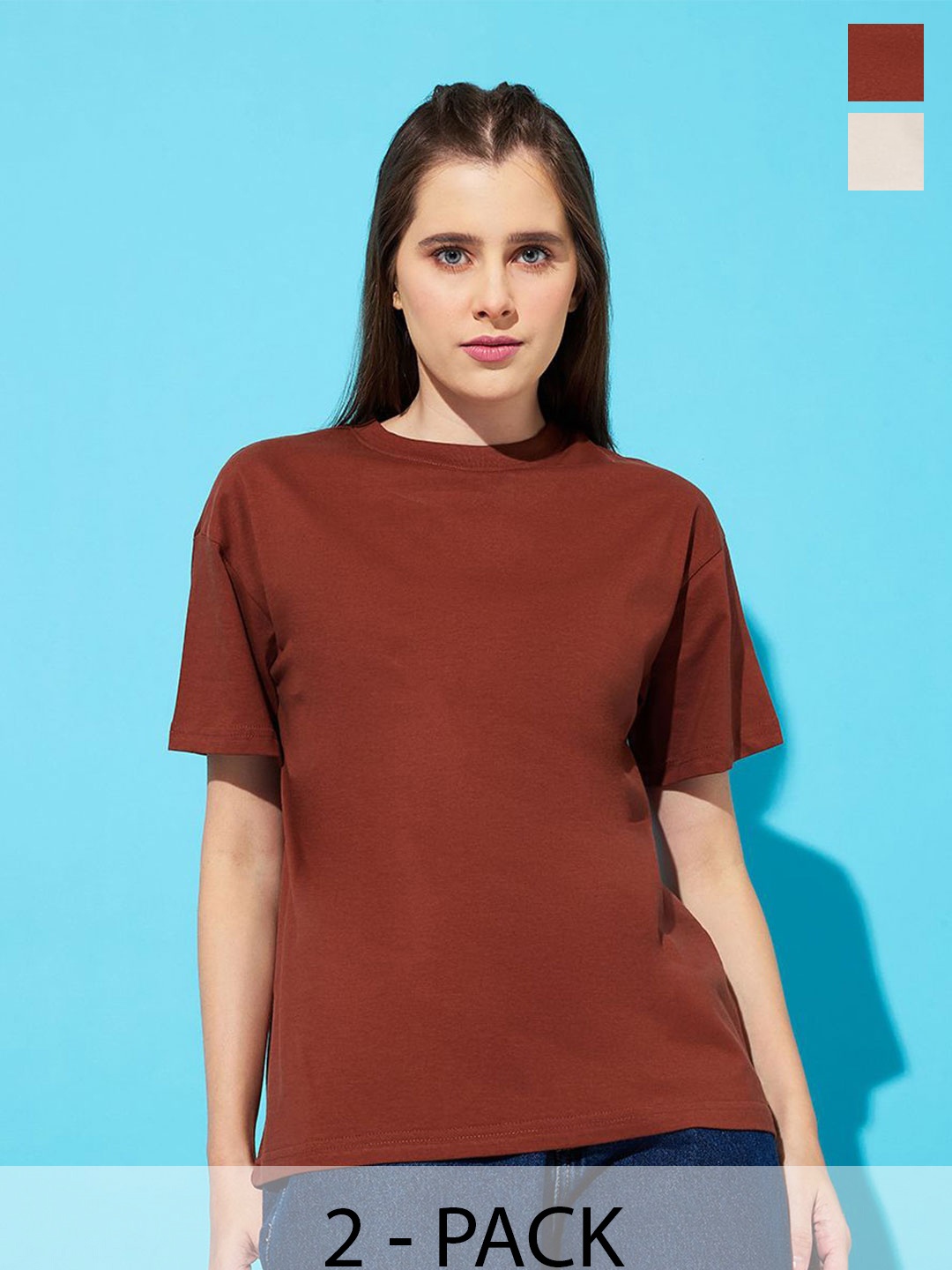 

The Roadster Lifestyle Co. Women Pack Of 2 Solid Round Neck Cotton Oversized T-shirts, Brown