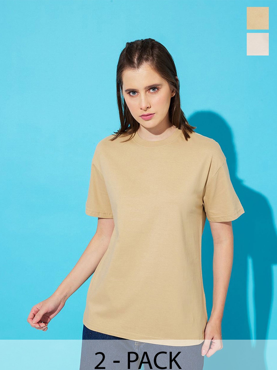 

The Roadster Lifestyle Co. Women Pack Of 2 Solid Round Neck Cotton Oversized T-shirts, Beige