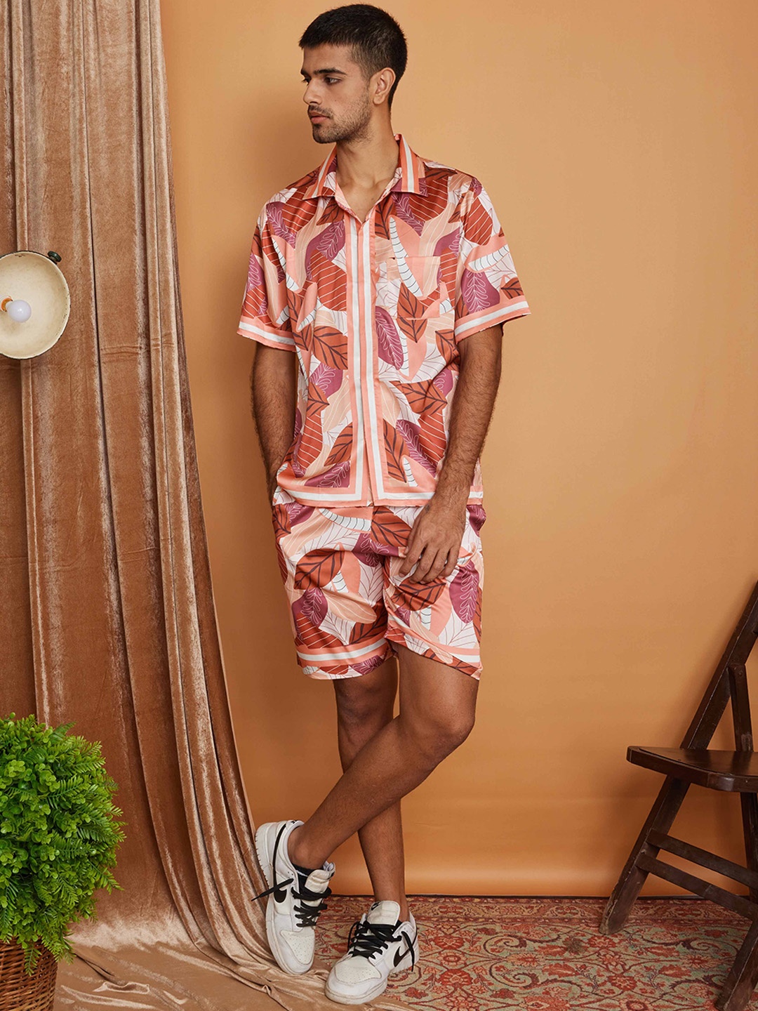 

CLUBHAVANA Earthy Drift Men Floral Printed High Rise Relaxed Fit Premium Soft Satin Short, Orange
