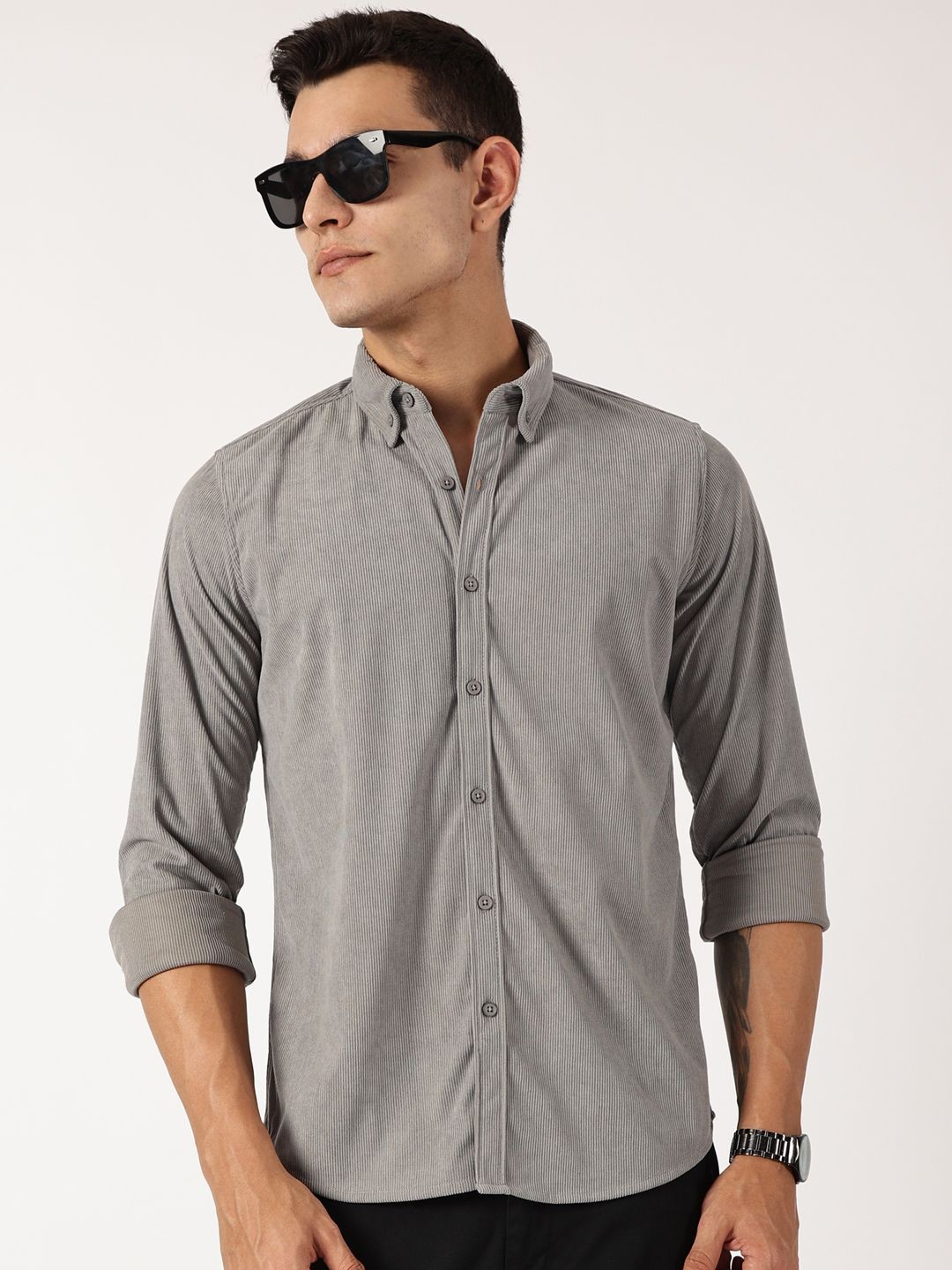 

Thomas Scott Men Premium Button-Down Collar Corduroy Cotton Casual Shirt, Grey