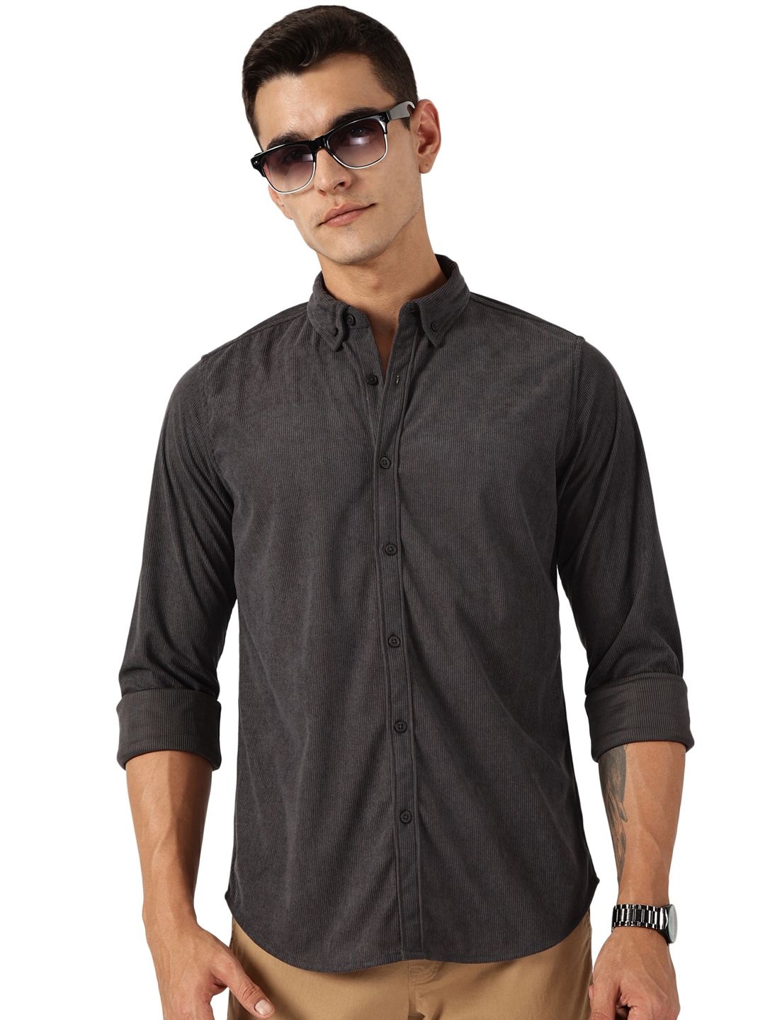 

Thomas Scott Men Premium Button-Down Collar Corduroy Cotton Casual Shirt, Grey