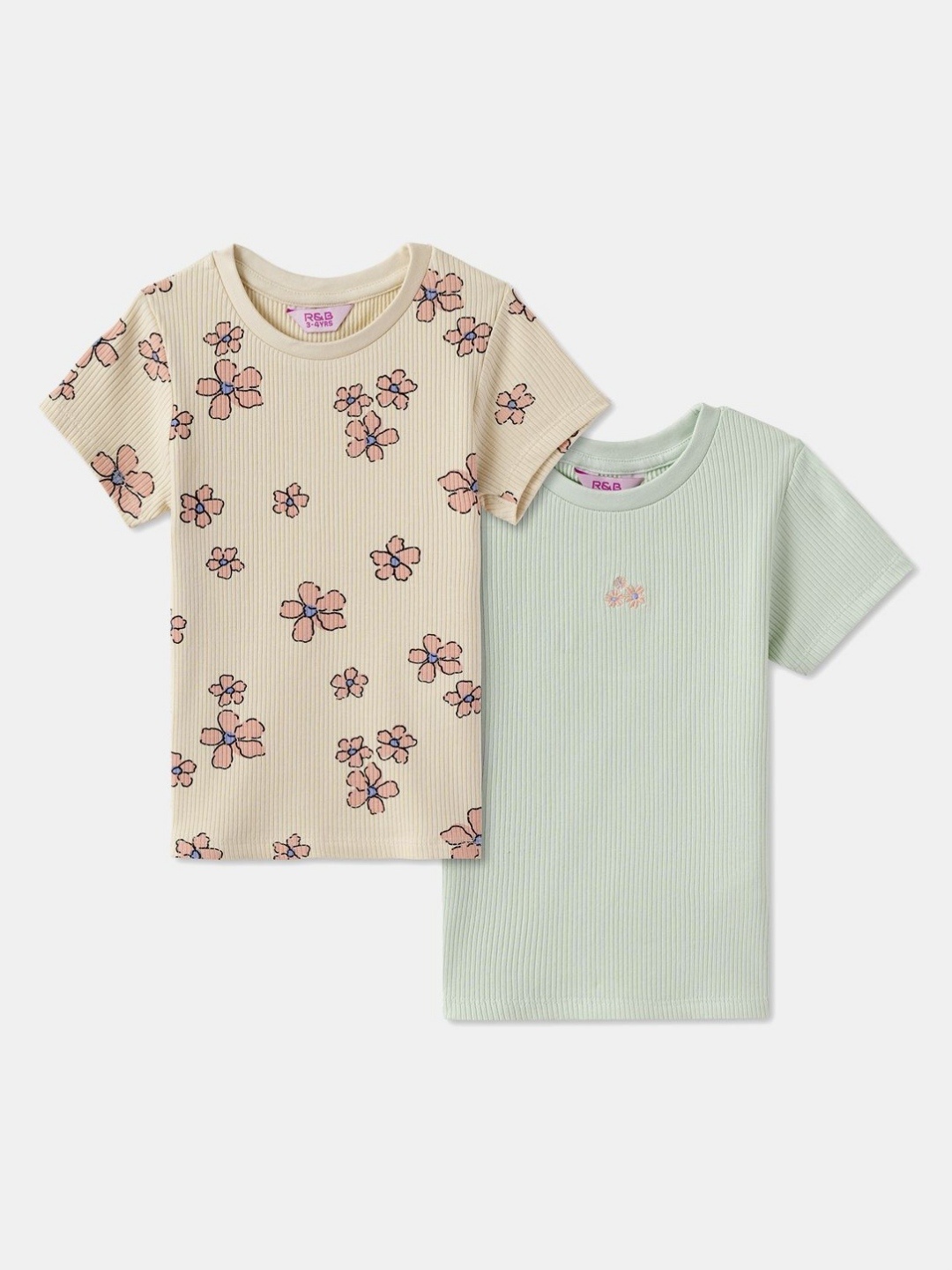 

R&B Girls Pack Of 2 Floral Printed Round Neck Cotton T-shirts, Beige