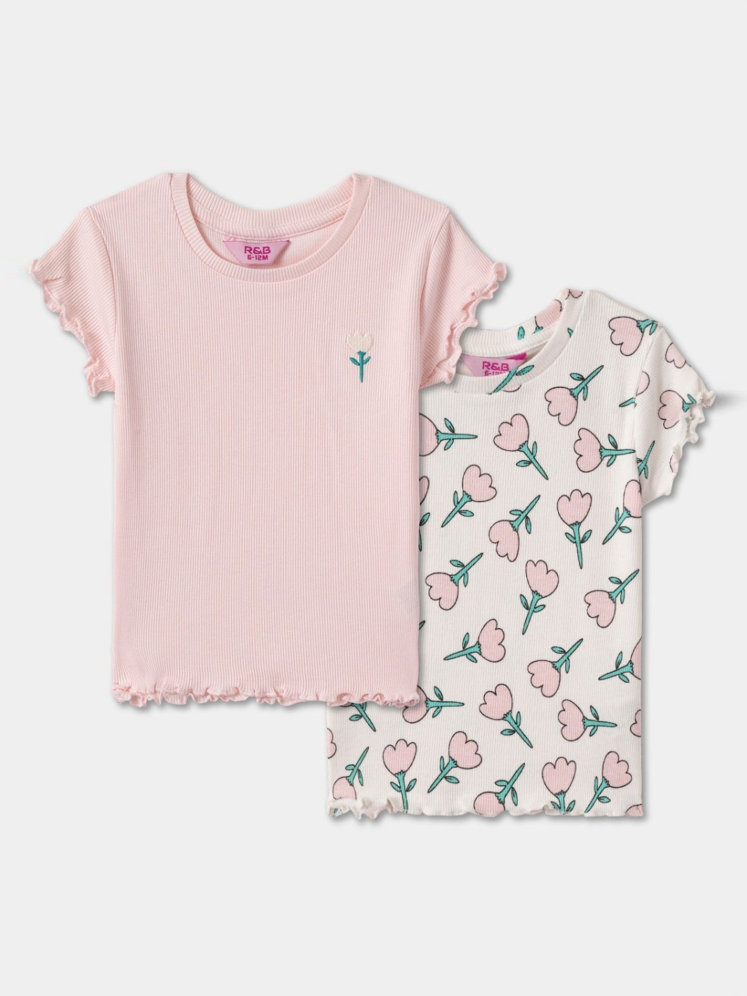 

R&B Girls Pack Of 2 Floral Printed Round Neck Cotton T-shirts, Peach