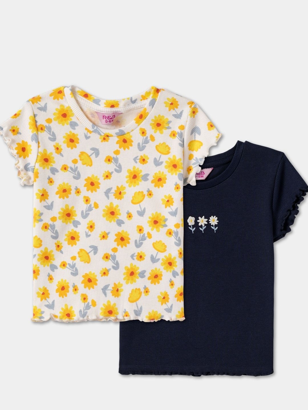 

R&B Girls Pack Of 2 Floral Printed Round Neck Cotton T-shirts, White