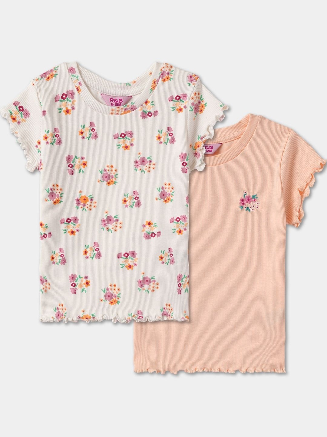 

R&B Girls Pack Of 2 Floral Printed Round Neck Cotton T-shirts, Off white