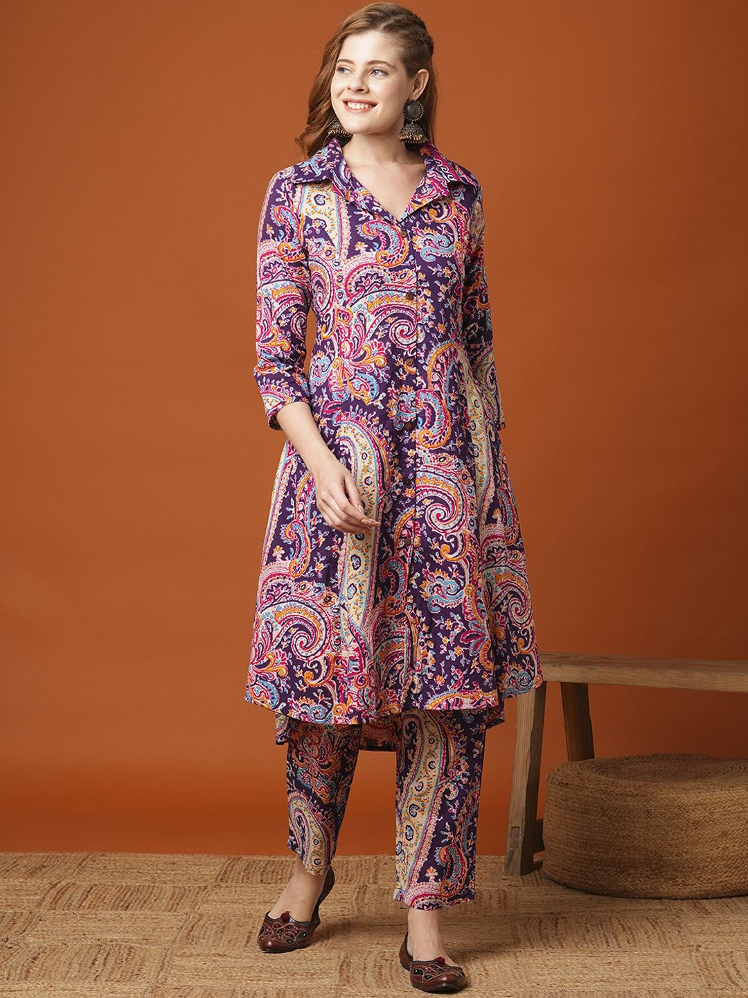 

FASHOR Printed Pure Cotton Top With Trousers Co-Ords, Purple