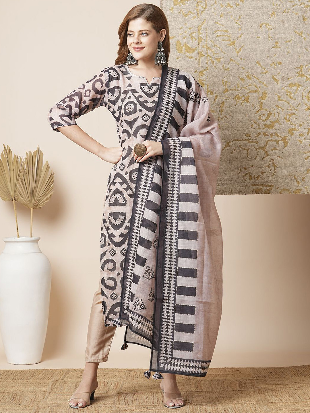 

FASHOR Women Printed Regular Thread Work Kurta with Trousers & With Dupatta, Beige