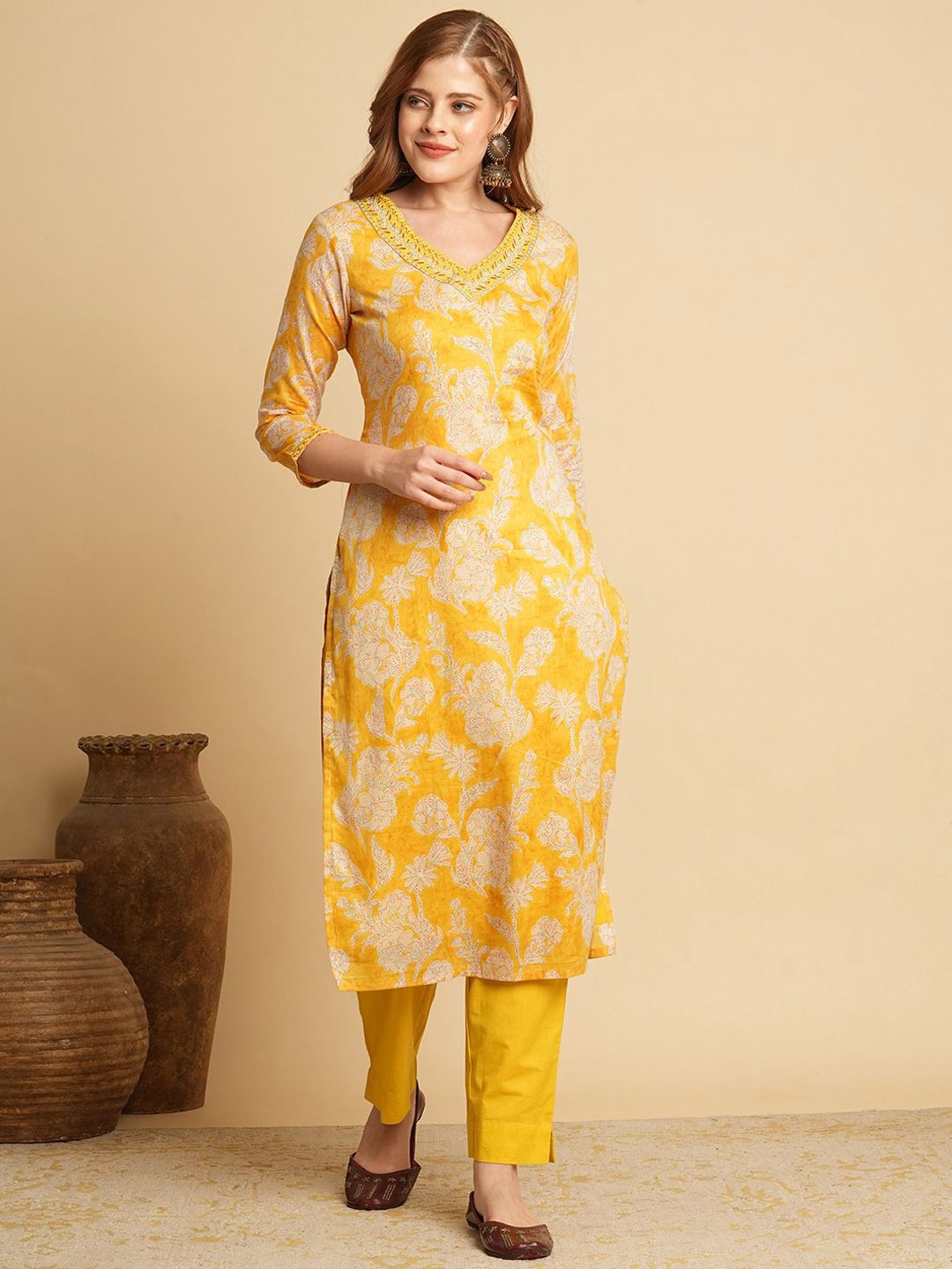 

FASHOR Women Floral Printed Regular Mirror Work Pure Cotton Kurta with Trousers, Yellow
