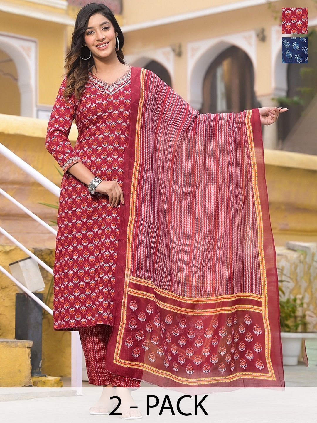 

KALINI Women Ethnic Motifs Printed Regular Kurta with Trousers & With Dupatta, Red