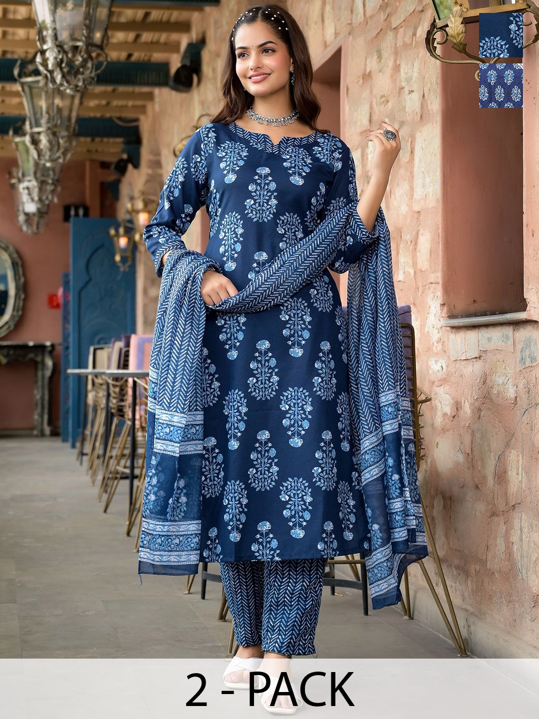 

KALINI Women Ethnic Motifs Printed Regular Kurta with Trousers & With Dupatta, Blue