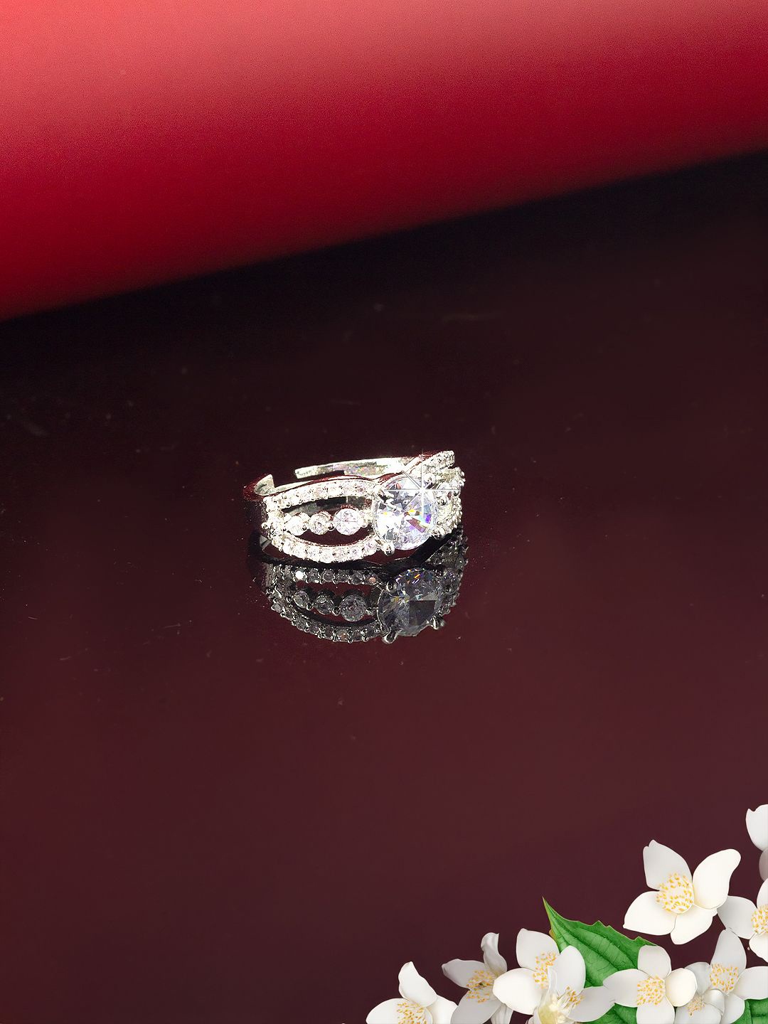 

PRIVIU Rhodium-Plated AD Studded Adjustable Ring, Silver