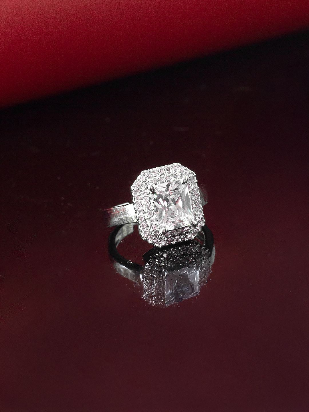 

PRIVIU Rhodium-Plated American Diamond Stone-Studded Adjustable Finger Ring, Silver