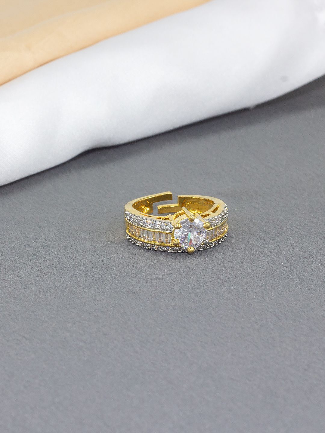 

PRIVIU Gold-Plated American Diamond Stone-Studded Adjustable Finger Ring