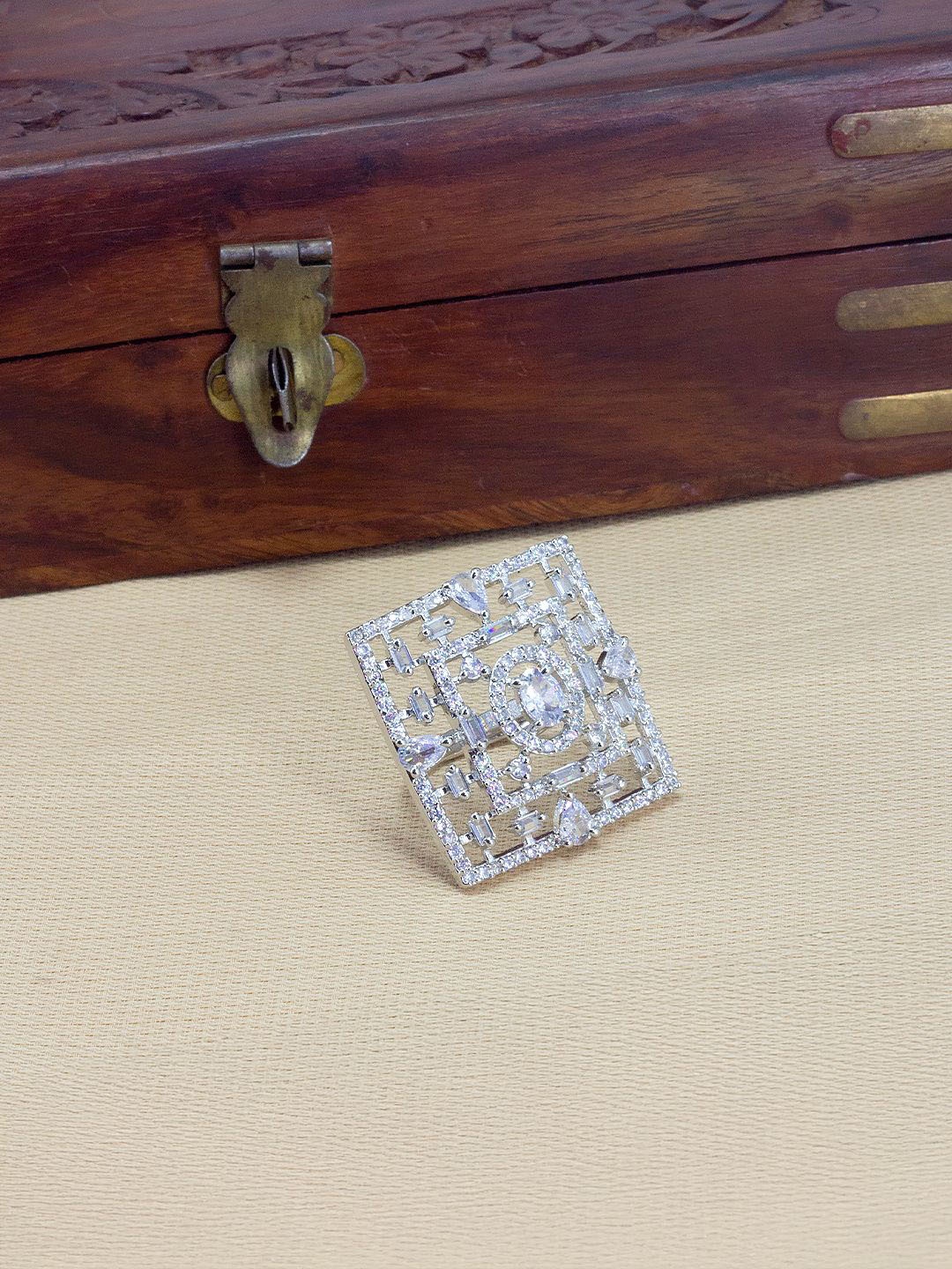 

PRIVIU Rhodium-Plated AD Studded Adjustable Ring, Silver