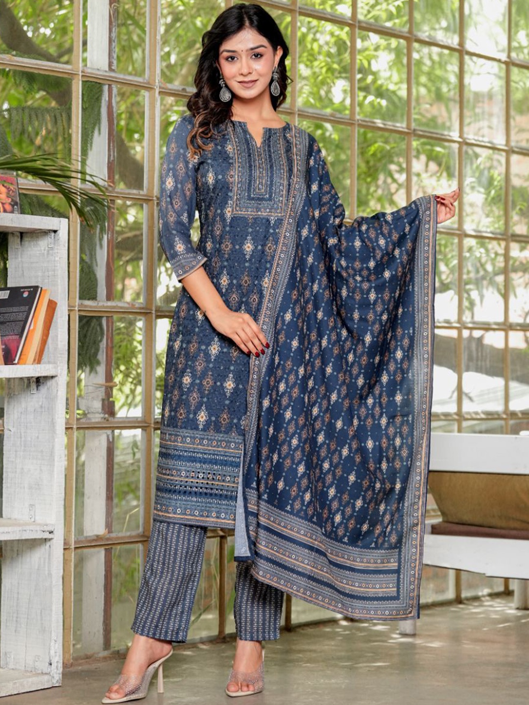 

KALINI Women Ethnic Motifs Printed Regular Kurta with Trousers & With Dupatta, Blue