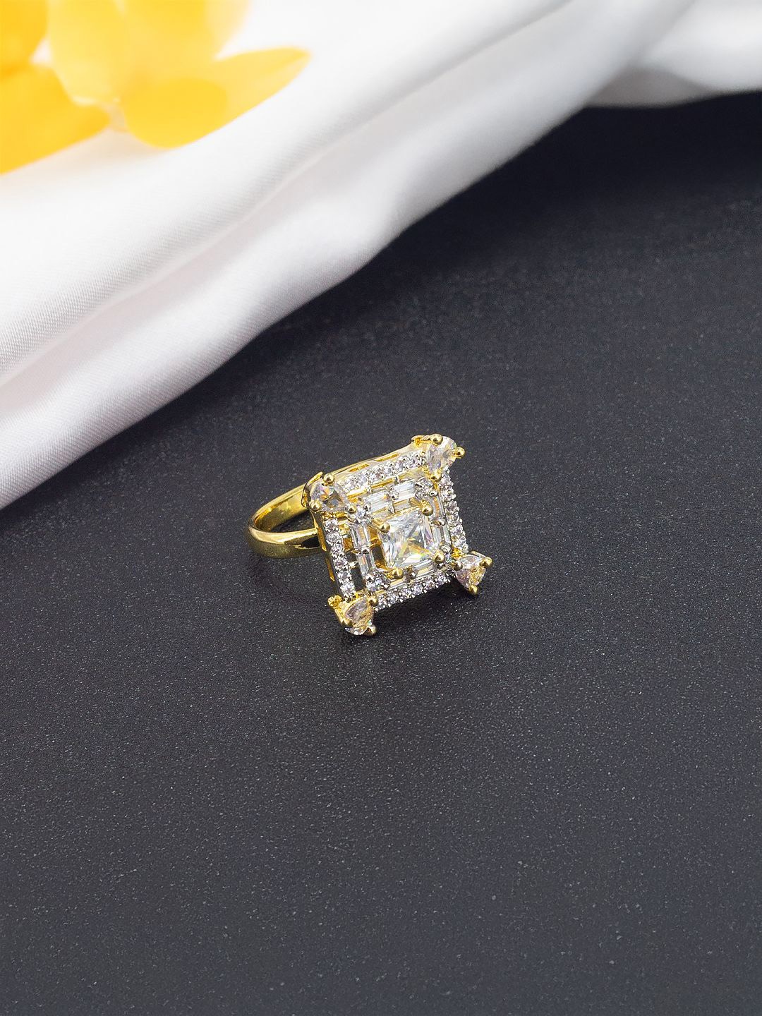 

PRIVIU Gold-Plated American Diamond Stone-Studded Adjustable Finger Ring