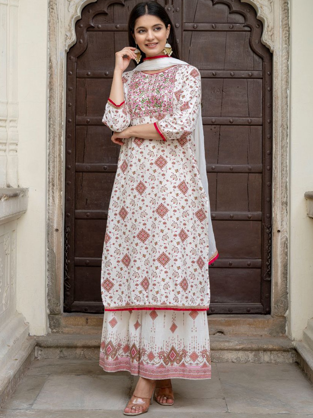 

KALINI Women Floral Printed Regular Sequinned Kurta with Sharara & With Dupatta, White