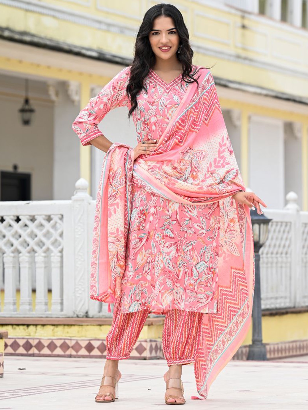 

KALINI Women Floral Printed Regular Sequinned Kurta with Trousers & With Dupatta, Pink