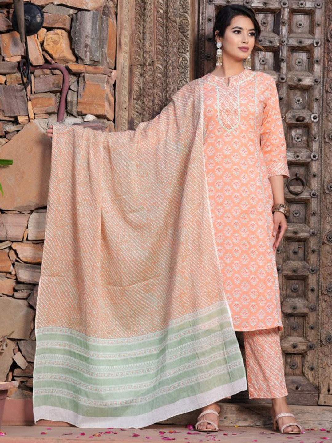 

KALINI Women Floral Printed Regular Gotta Patti Pure Cotton Kurta with Trousers & With Dupatta, Peach
