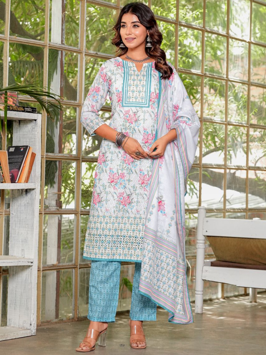 

KALINI Women Floral Printed Regular Kurta with Trousers & With Dupatta, White