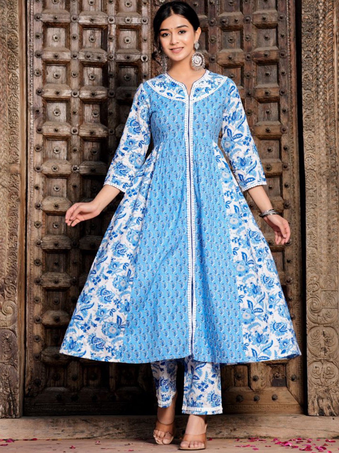 

KALINI Women Floral Printed High Slit Sequinned Pure Cotton Kurta with Trousers & With Dupatta, Turquoise blue