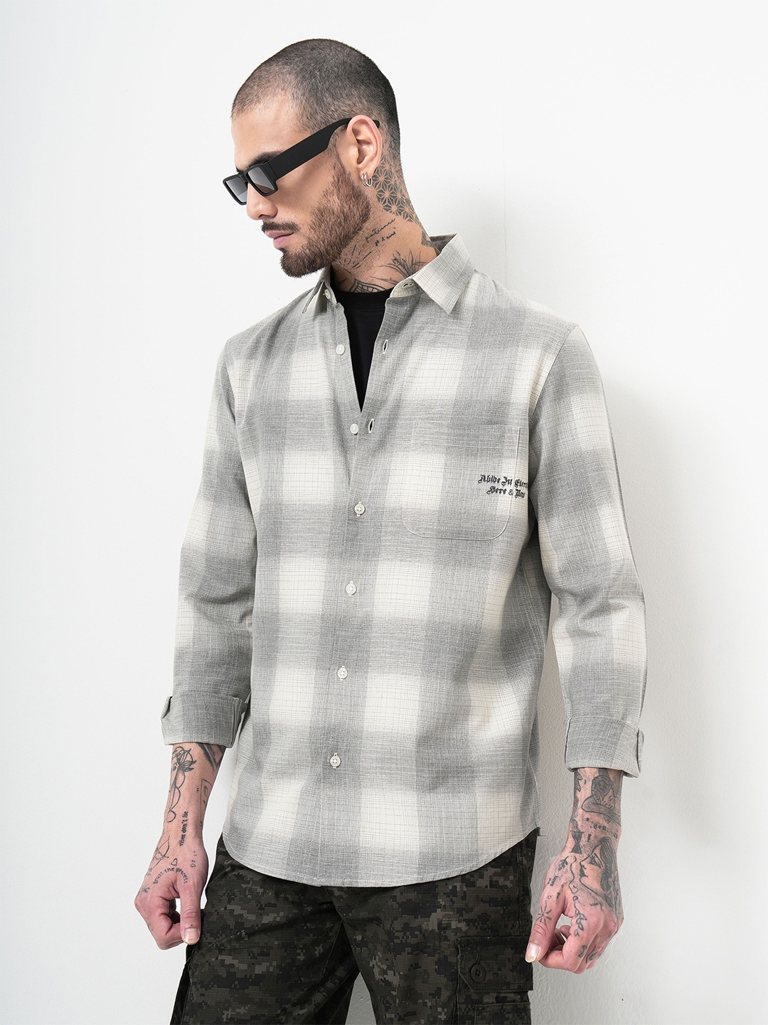 

British Club Men Classic Spread Collar Graphic Printed Cotton Casual Shirt, Grey