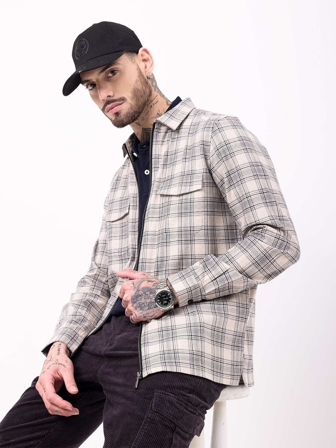 

British Club Men Classic Oversized Fit Double Pocket Tartan Checks Cotton Casual Shirt, Beige