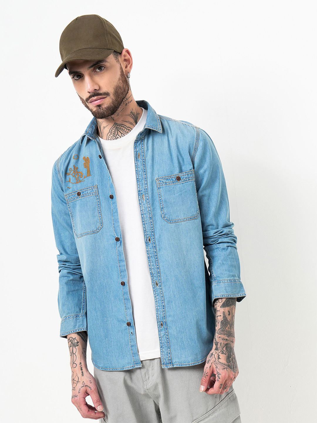 

British Club Men Classic Spread Collar Solid Denim Relaxed Fit Casual Shirt, Blue