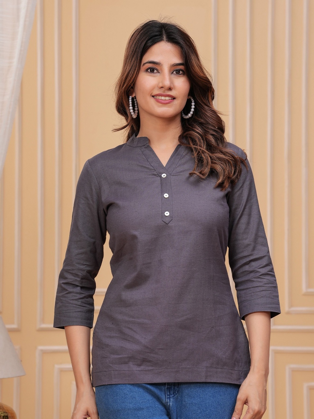 

kipek Women Mandarin Collar Linen Top, Grey