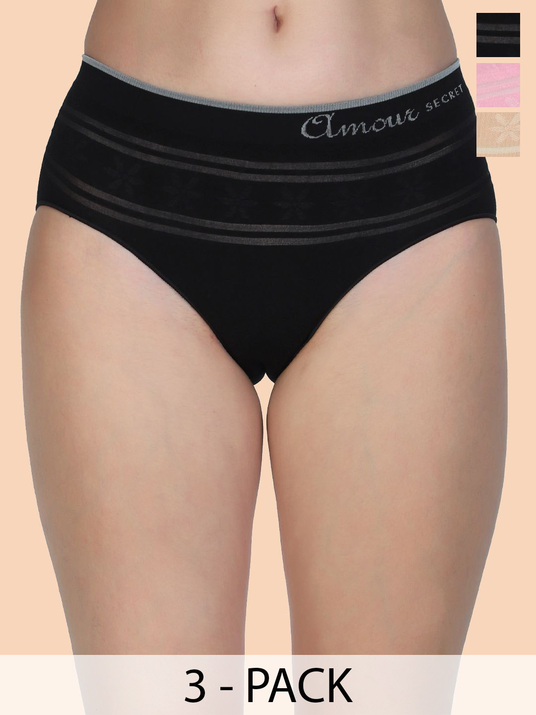 

Amour Secret Women Pack Of 3 Self Design Mid-Rise Hipster Briefs, Black