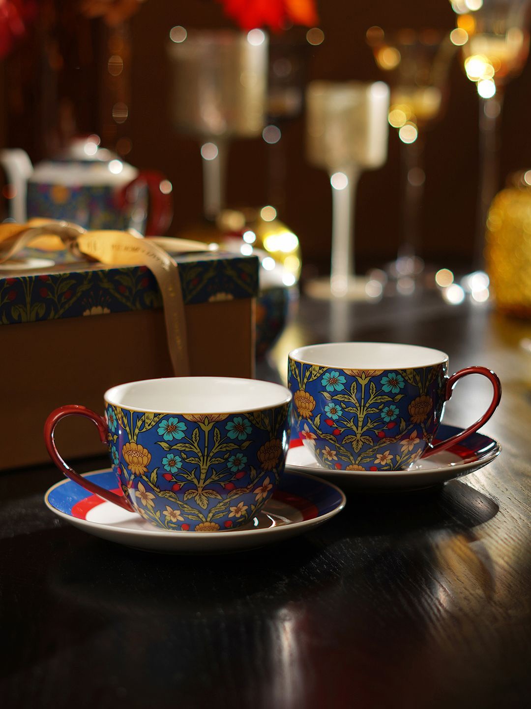 

Pure Home and Living 4-Pcs Blue & Red Floral Pattern Tea Cups & Saucers 270 ML