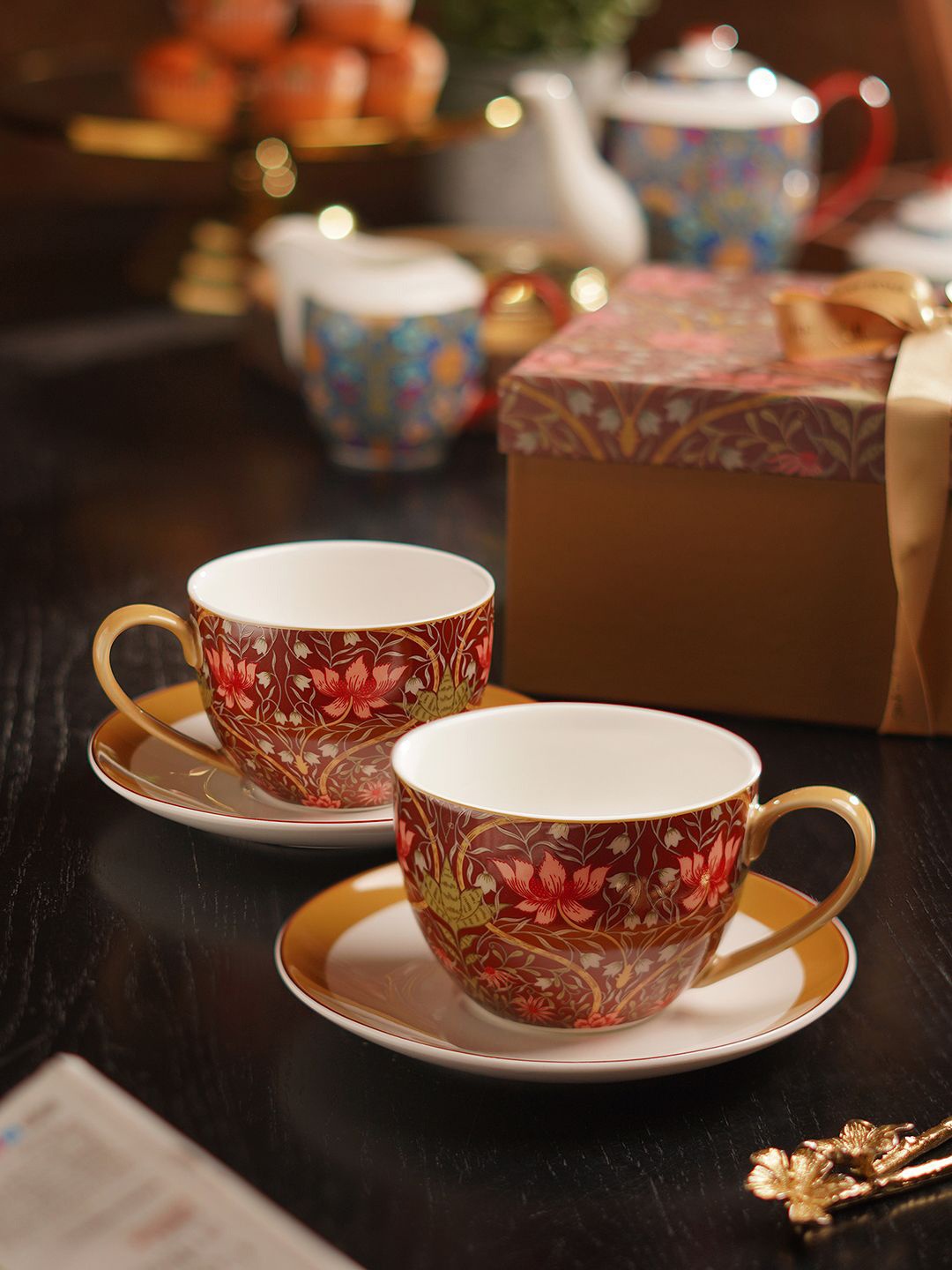 

Pure Home and Living 4-Pcs Maroon & Burgundy Floral Pattern Tea Cups & Saucers 270 ML