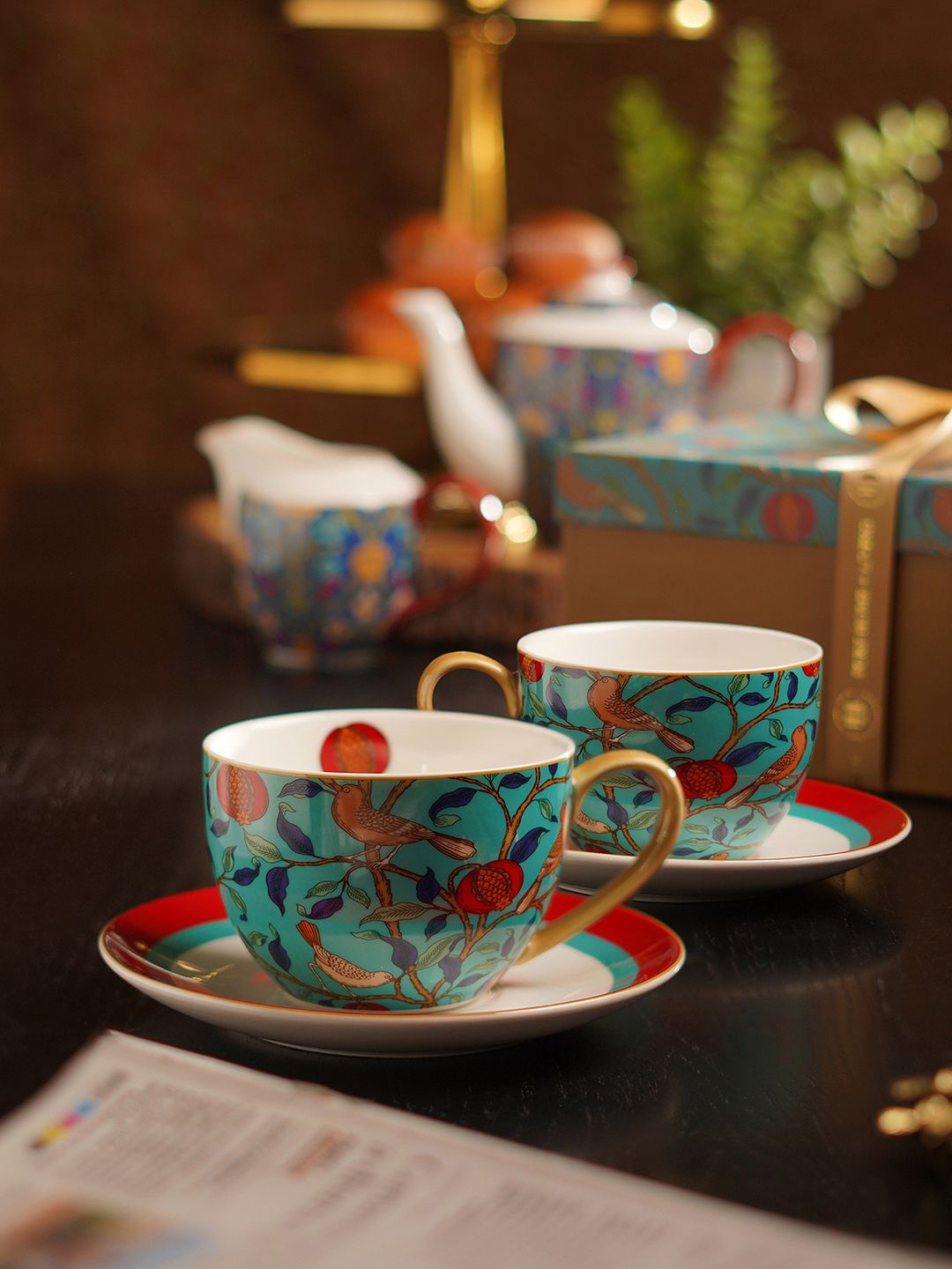

Pure Home and Living 4-Pcs Teal & Red Floral Pattern Tea Cups & Saucers 270 ML