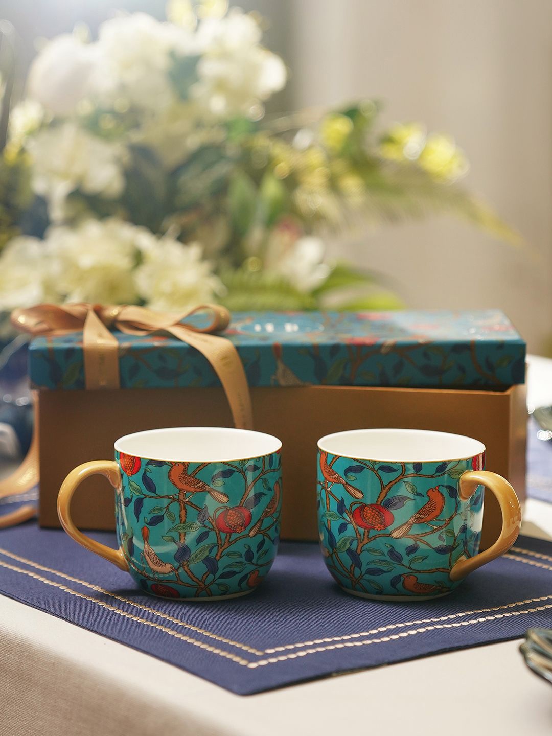 

Pure Home and Living 2-Pcs Teal-Blue & Red Floral Pattern Coffee Mugs