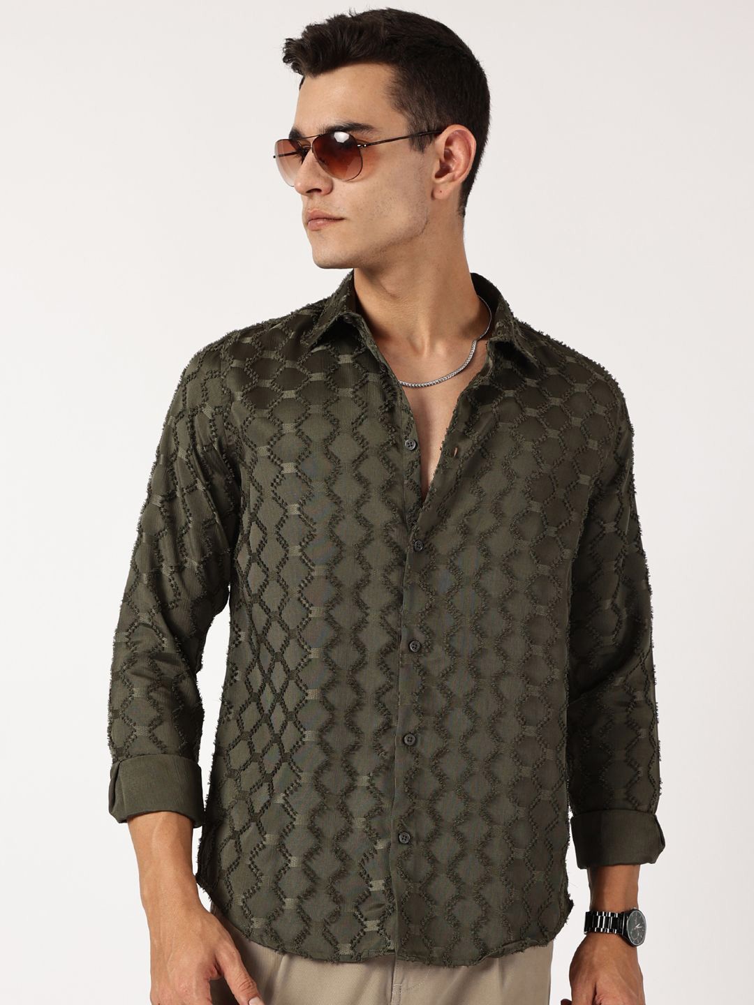 

Thomas Scott Men Premium Spread Collar Textured Casual Shirt, Olive