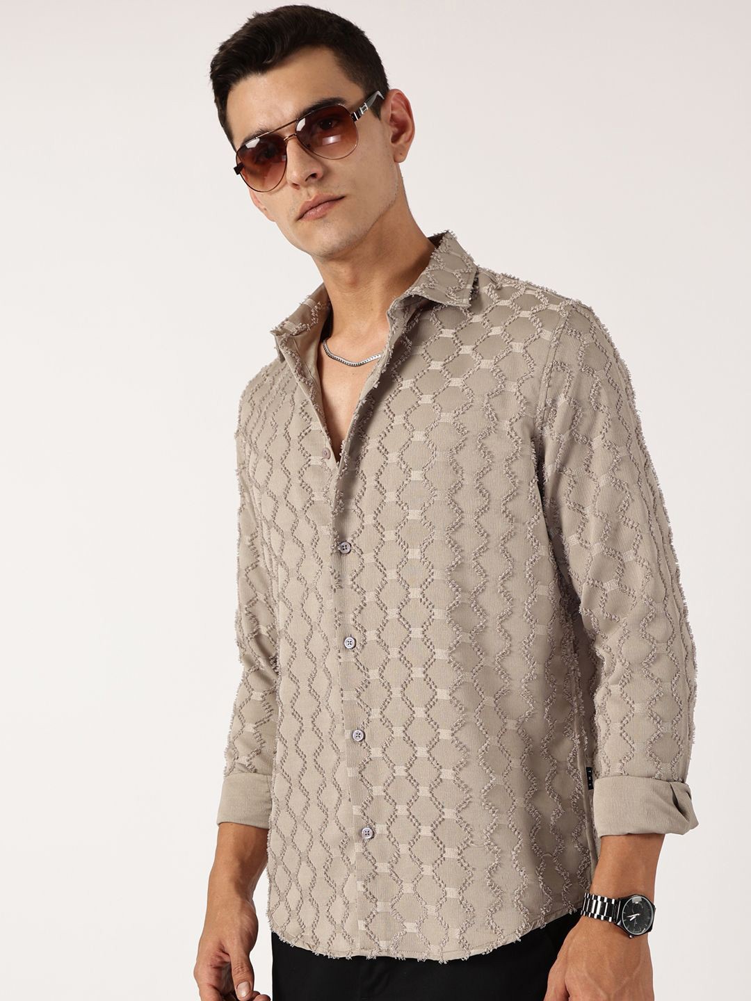

Thomas Scott Men Premium Spread Collar Textured Casual Shirt, Beige
