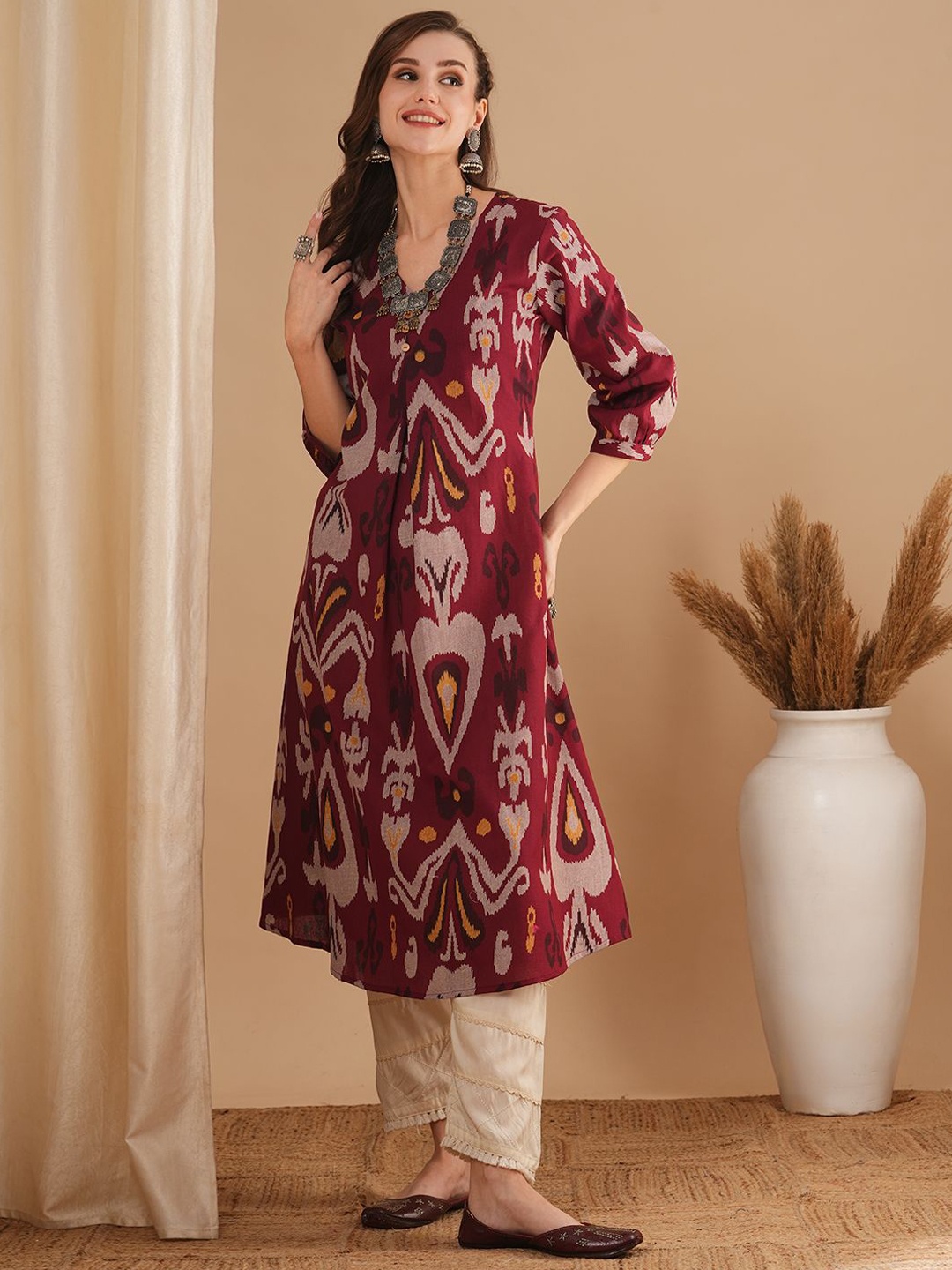 

FASHOR Women Ethnic Motifs Printed Kurta, Maroon