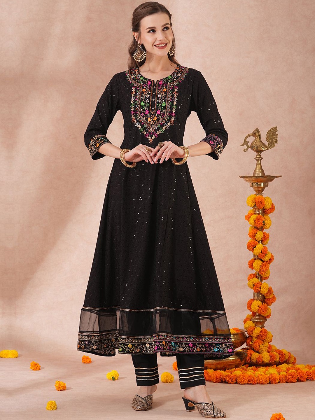

FASHOR Women Ethnic Motifs Embroidered Anarkali Kurta, Black