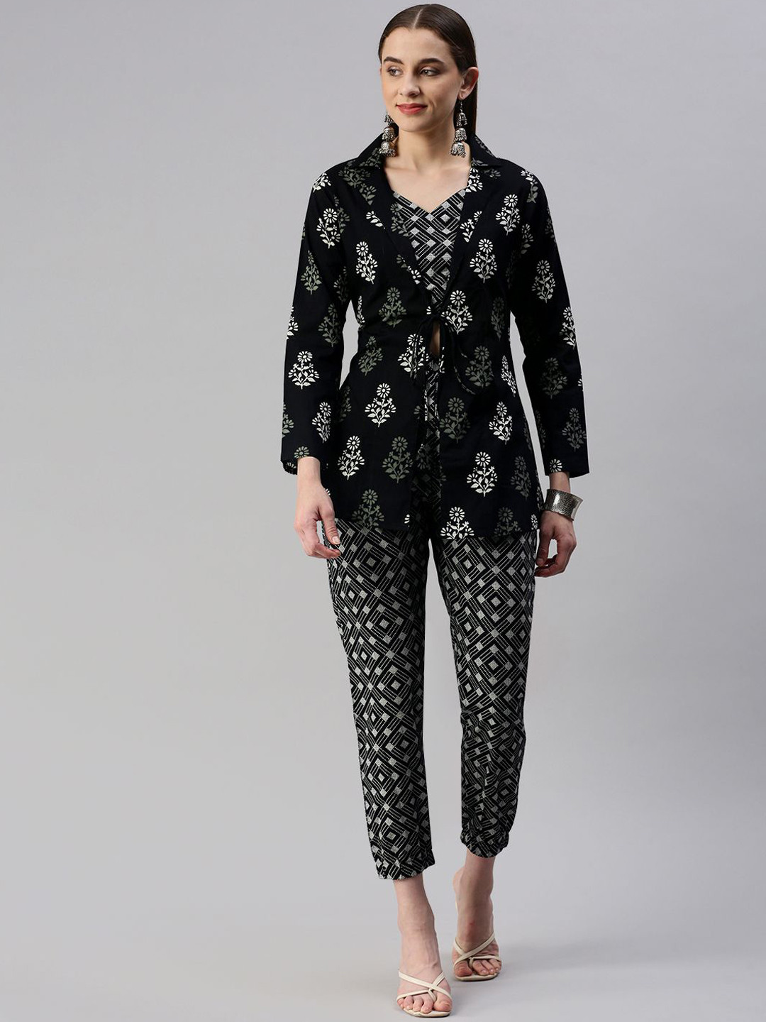 

kipek Printed Pure Cotton Top & Trousers With Shrug Co-Ords, Black