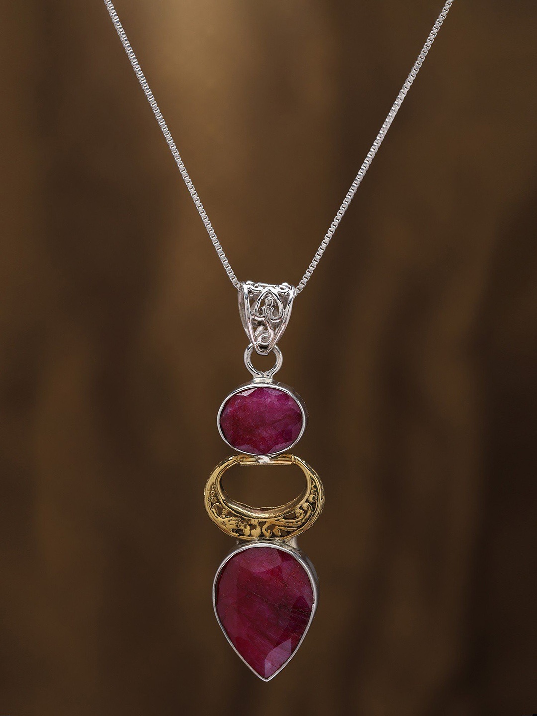 

Exotic India Ruby Gemstone Sterling Silver Pendant, Pink