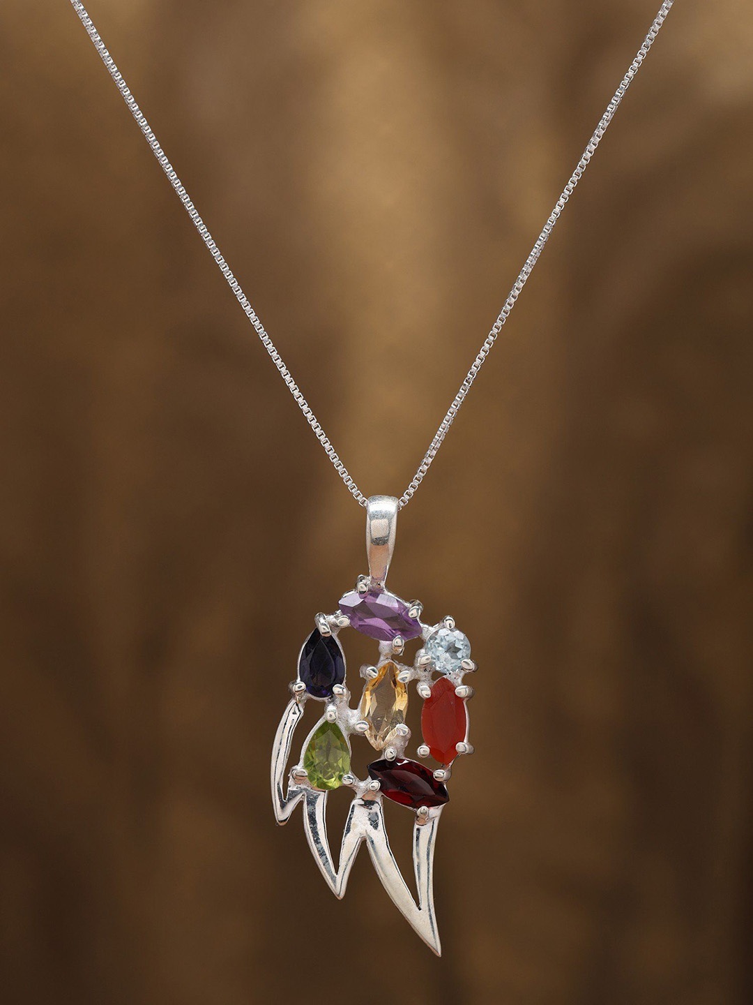 

Exotic India Angel Wing Sterling Silver Pendant with Multi Gemstone