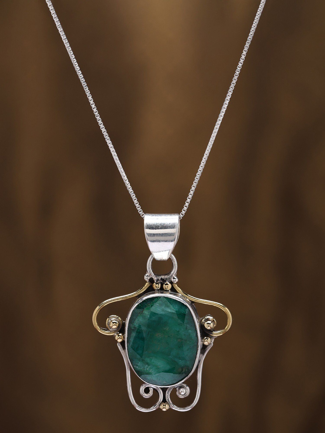 

Exotic India Sterling Silver Faceted Emerald Gemstone Pendant, Green
