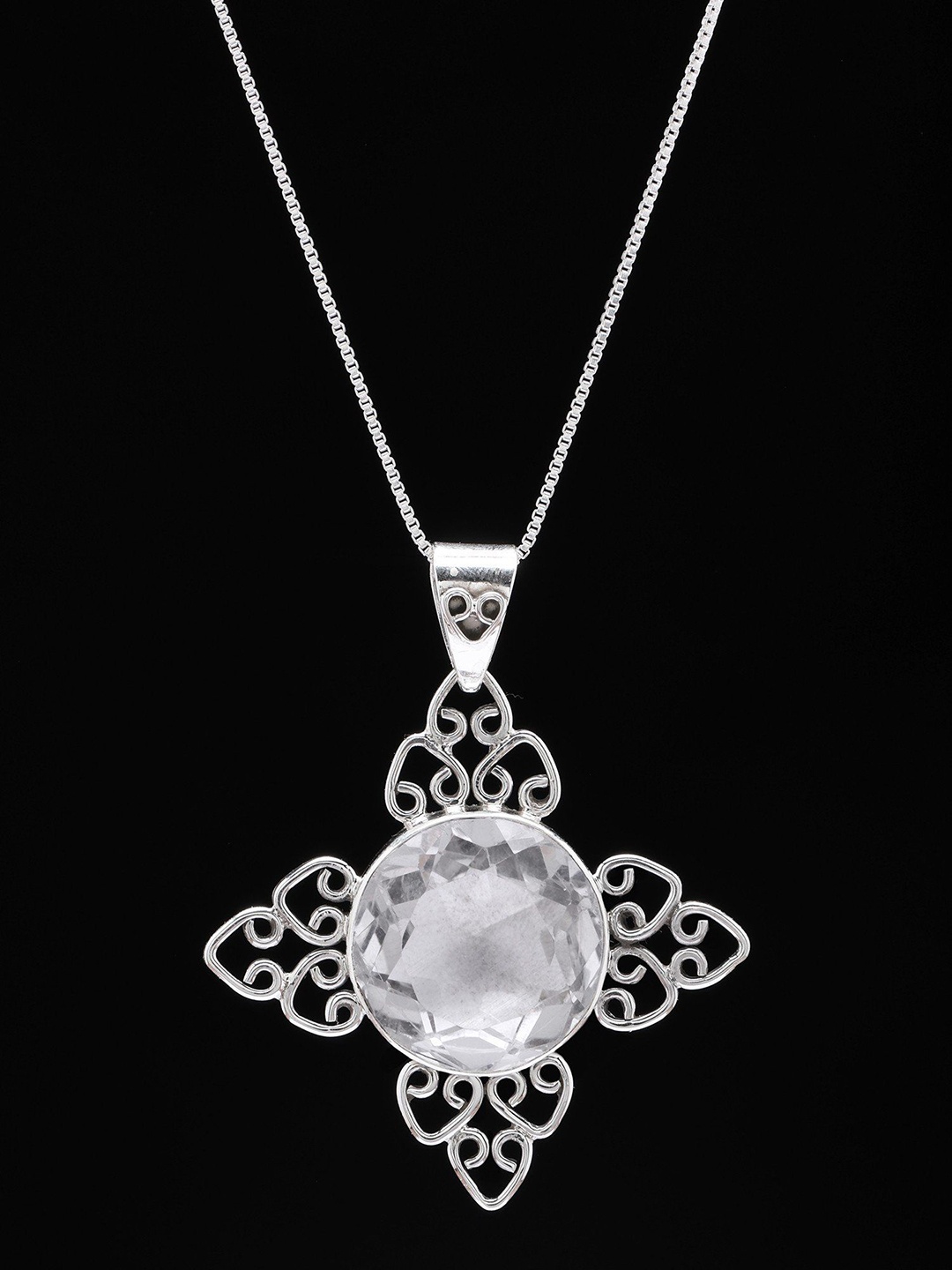 

Exotic India Sterling Silver Pendant with Faceted Crystal, White