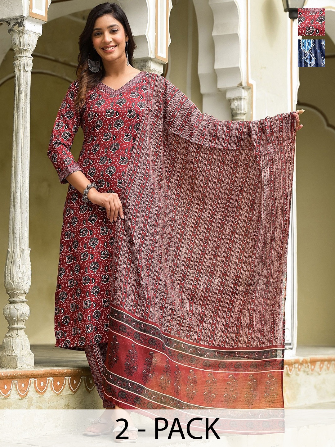 

KALINI Women Ethnic Motifs Printed Regular Kurta with Trousers & With Dupatta, Maroon