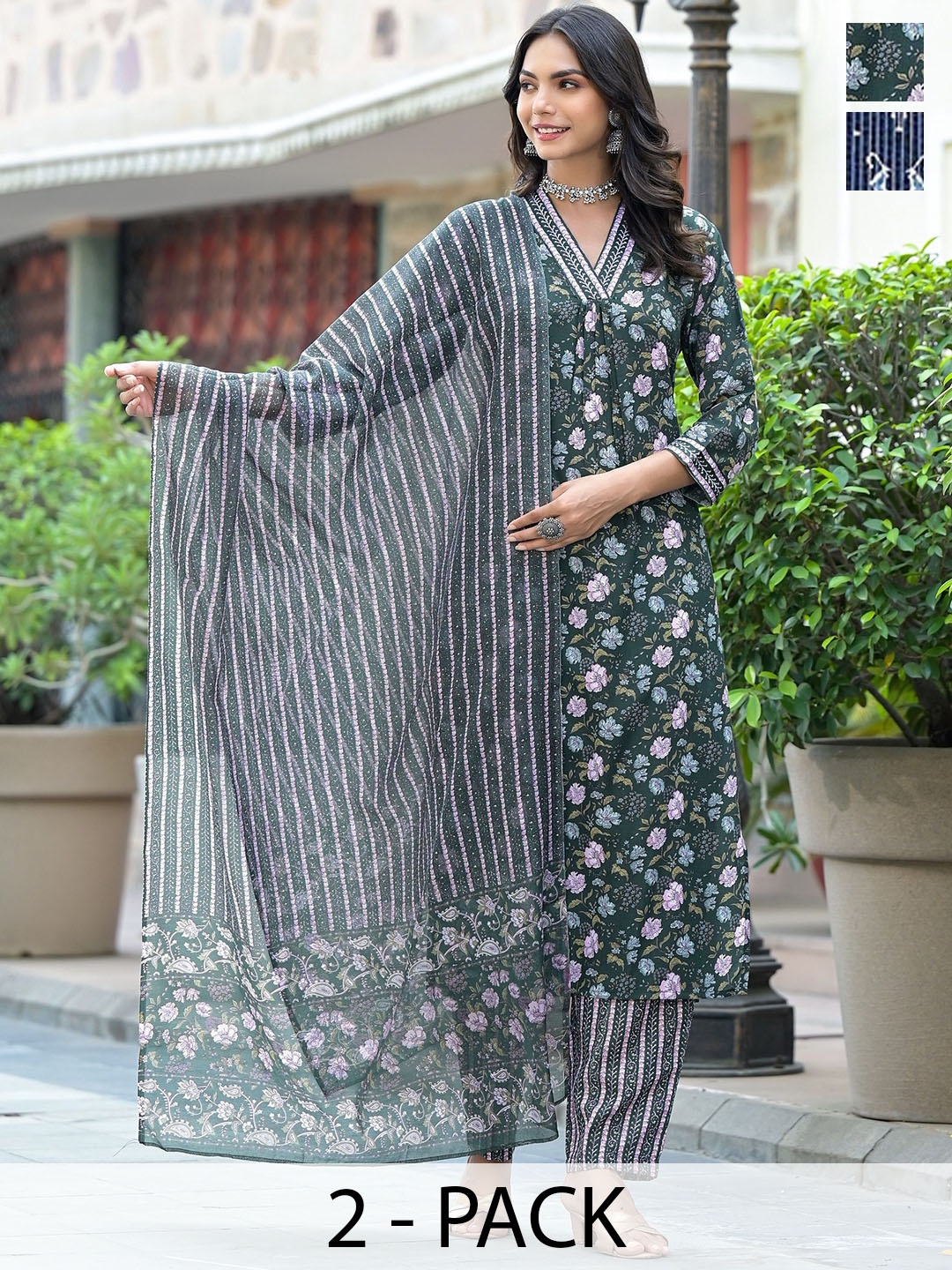 

KALINI Women Ethnic Motifs Printed Regular Kurta with Trousers & With Dupatta, Blue