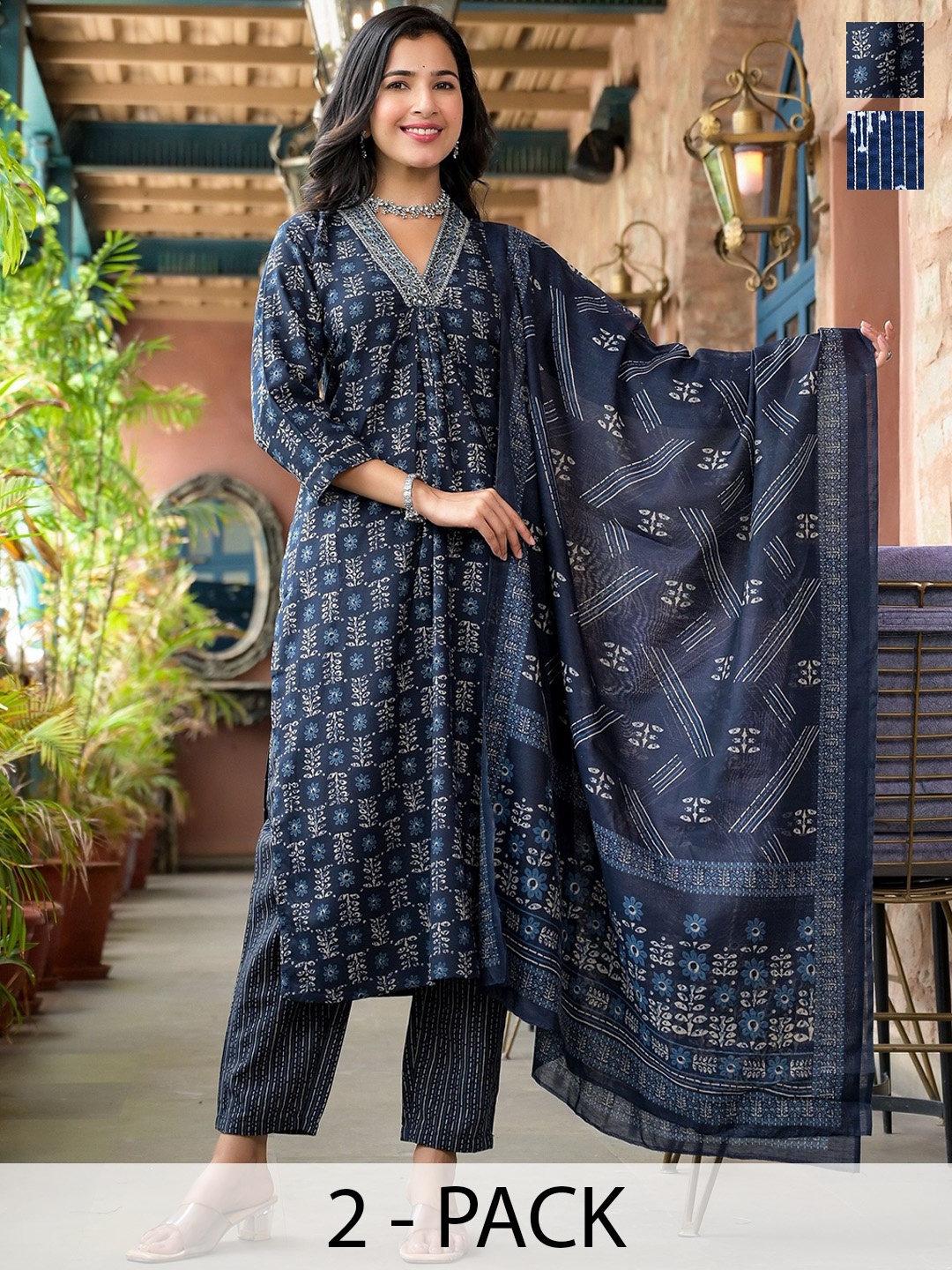 

KALINI Women Ethnic Motifs Printed Regular Kurta with Trousers & With Dupatta, Blue