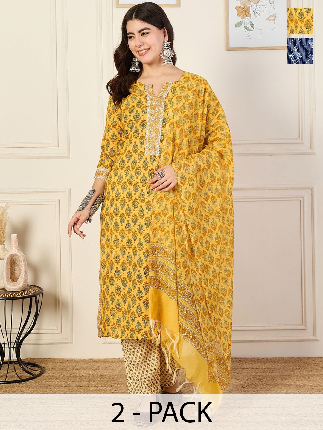 

KALINI Women Ethnic Motifs Printed Regular Kurta with Trousers & With Dupatta, Yellow