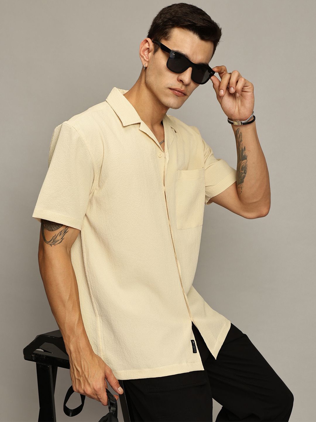 

The Roadster Lifestyle Co. Men Premium Fit Cuban Collar Textured Casual Shirt, Cream