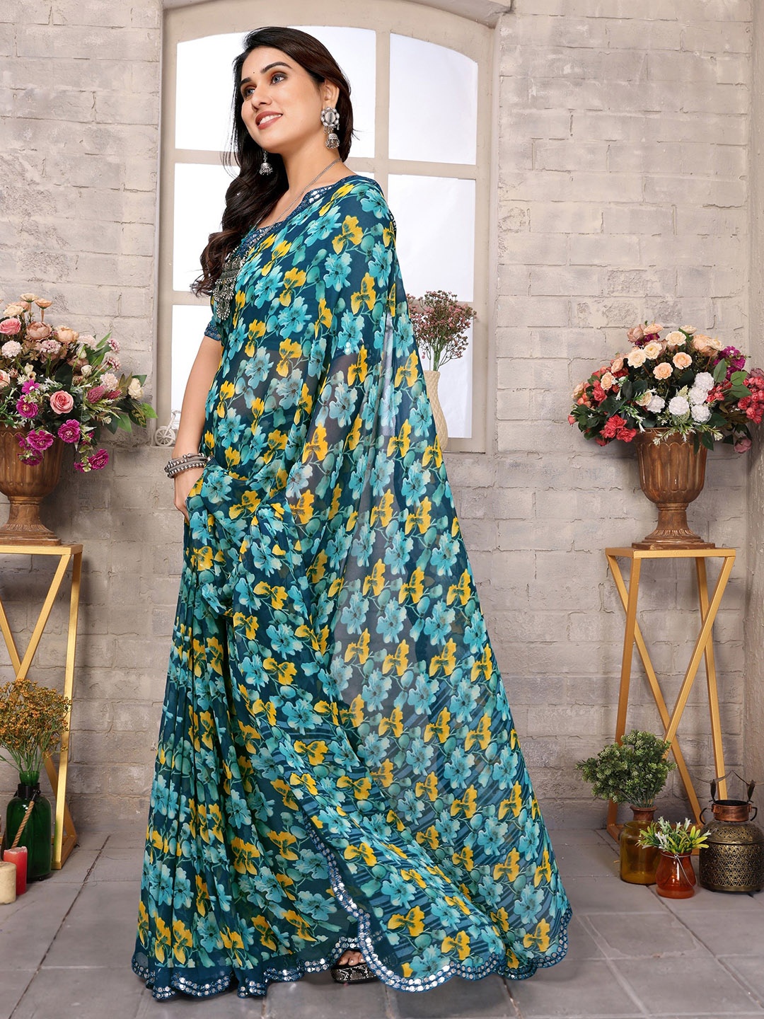 

Ambuja International Floral Printed Pure Georgette Saree, Teal