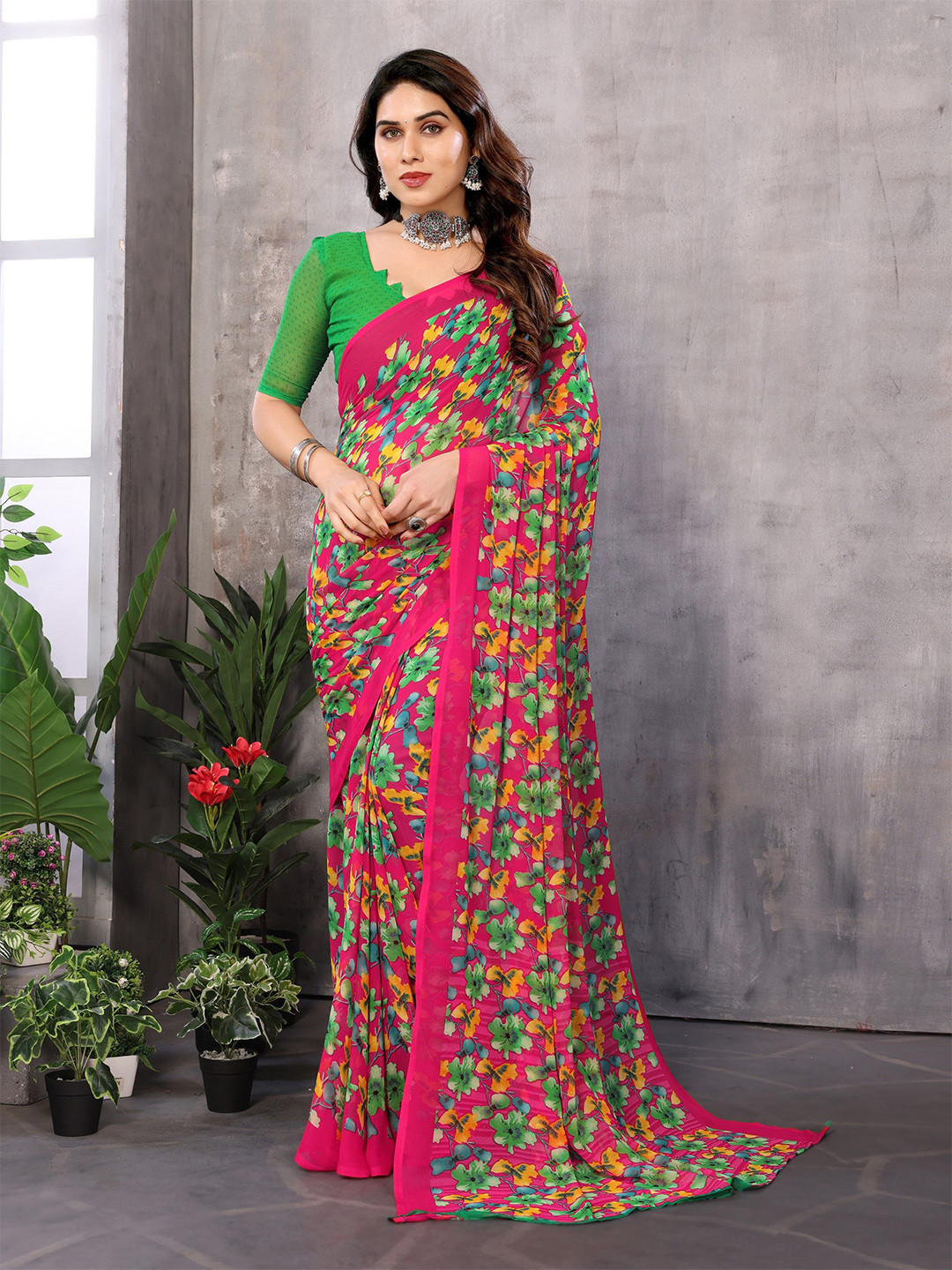 

Ambuja International Floral Printed Pure Georgette Saree, Pink